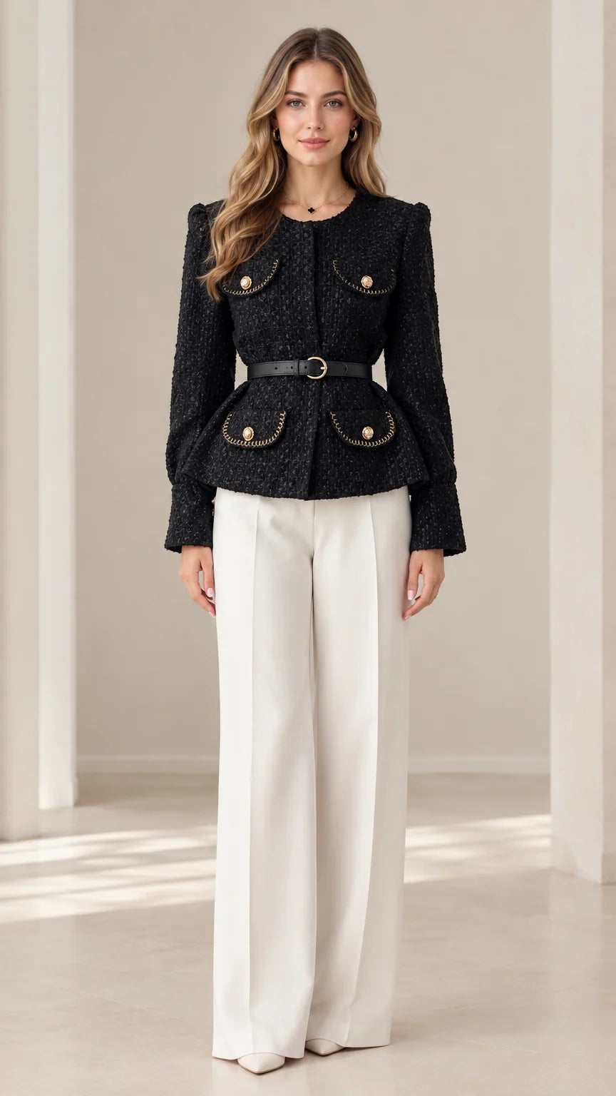 Front full-length view of model wearing black belted tweed peplum jacket with white trousers