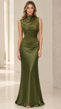 Front full view of woman wearing high-neck olive green beaded bodice satin maxi gown