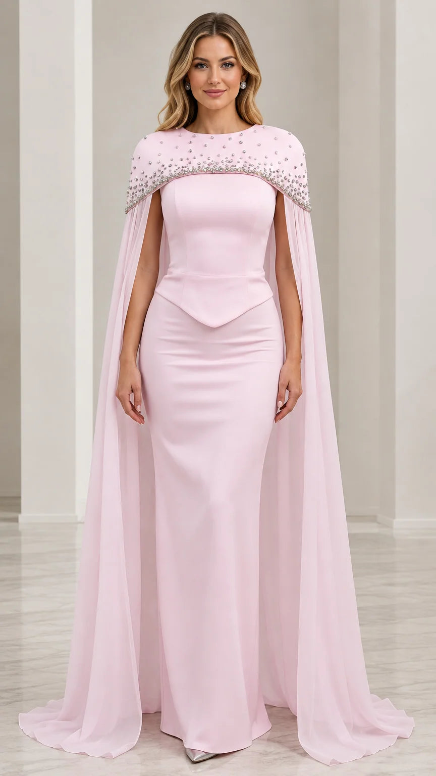 Front view of model wearing blush pink rhinestone capelet mermaid evening gown