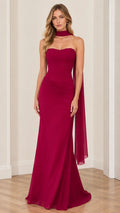 Berry red strapless ruched maxi evening gown with matching neck scarf front view
