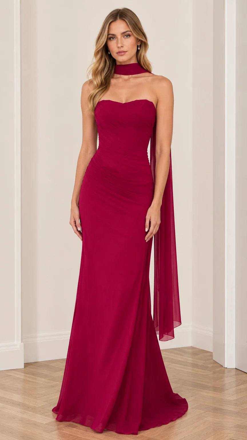 Berry red strapless ruched maxi evening gown with matching neck scarf front view
