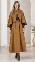 Front full view of woman wearing Camel capelet and pleated maxi skirt set