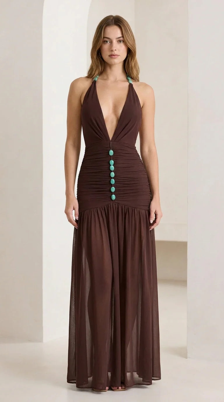 Front view of brown halter neck ruched maxi dress