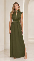 Front view of woman wearing olive green sleeveless mandarin collar maxi dress with gold braid trim