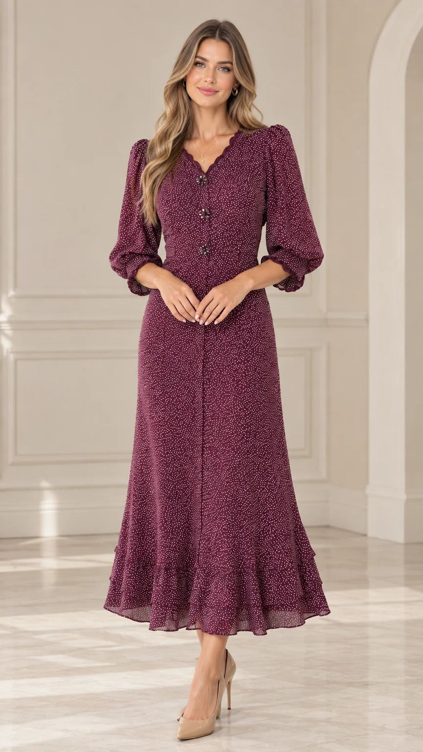 Front view of model wearing Burgundy scalloped V-neck polka dot midi dress with 3/4 puff sleeves