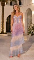 Front view of model wearing multi-color sequin fringe evening gown