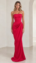 Model wearing a vibrant red strapless sweetheart draped maxi evening gown front view
