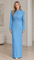 Sky blue structured zip jacket and matching column maxi skirt set front view
