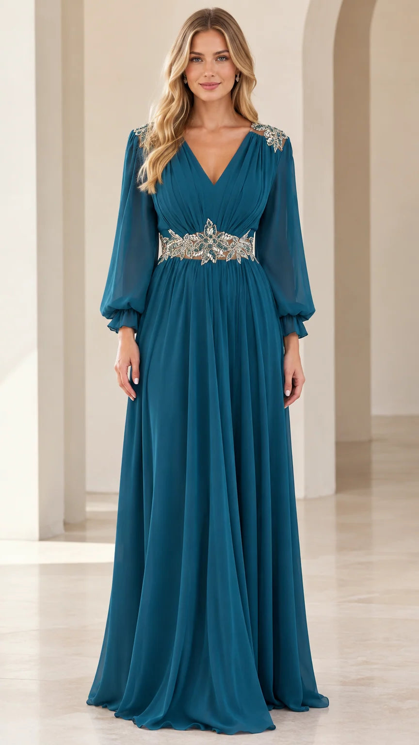 Front view of woman wearing teal blue V-neck chiffon evening gown with beaded waist and lantern sleeves