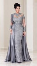 Silver Grey beaded illusion evening gown with pleated satin overskirt front view