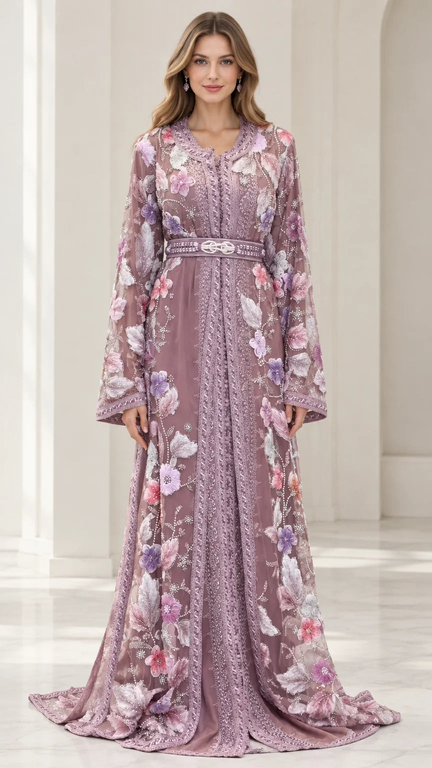 Front view of model wearing dusty mauve 3D floral embroidered caftan evening dress with matching belt