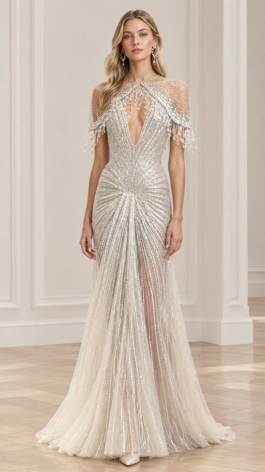 Front view of ivory beaded evening gown with capelet fringe sleeves and illusion plunge neckline