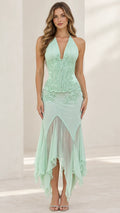 Front view of mint green halter beaded corset midi dress with handkerchief hem