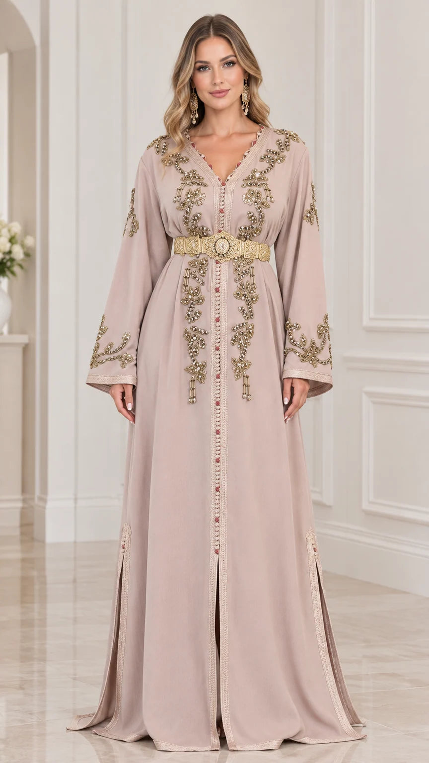 Front view of woman wearing Dusty Pink Moroccan embroidered kaftan maxi dress with gold belt