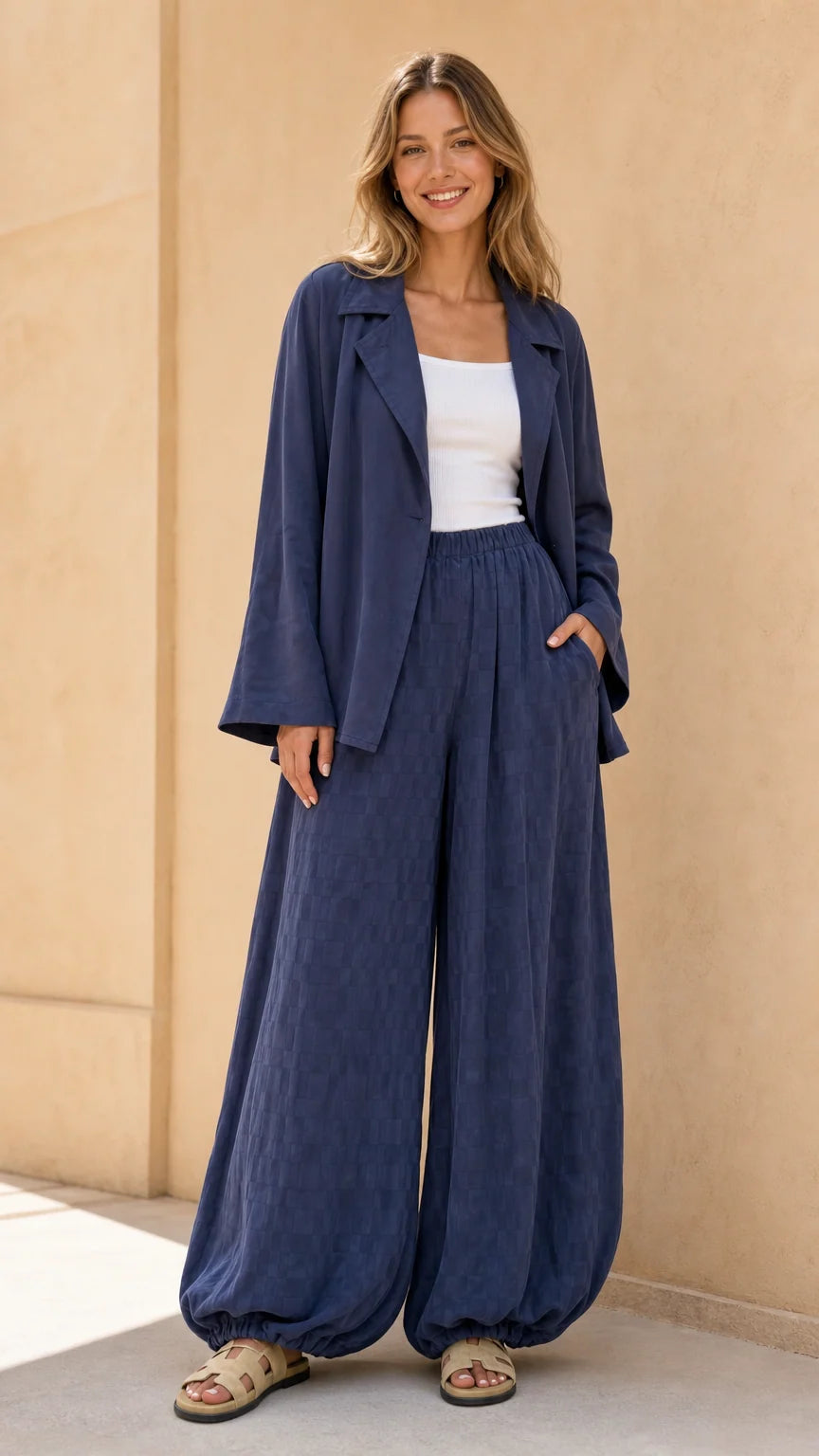Front view of model wearing navy blazer and cinch-hem wide leg pant set