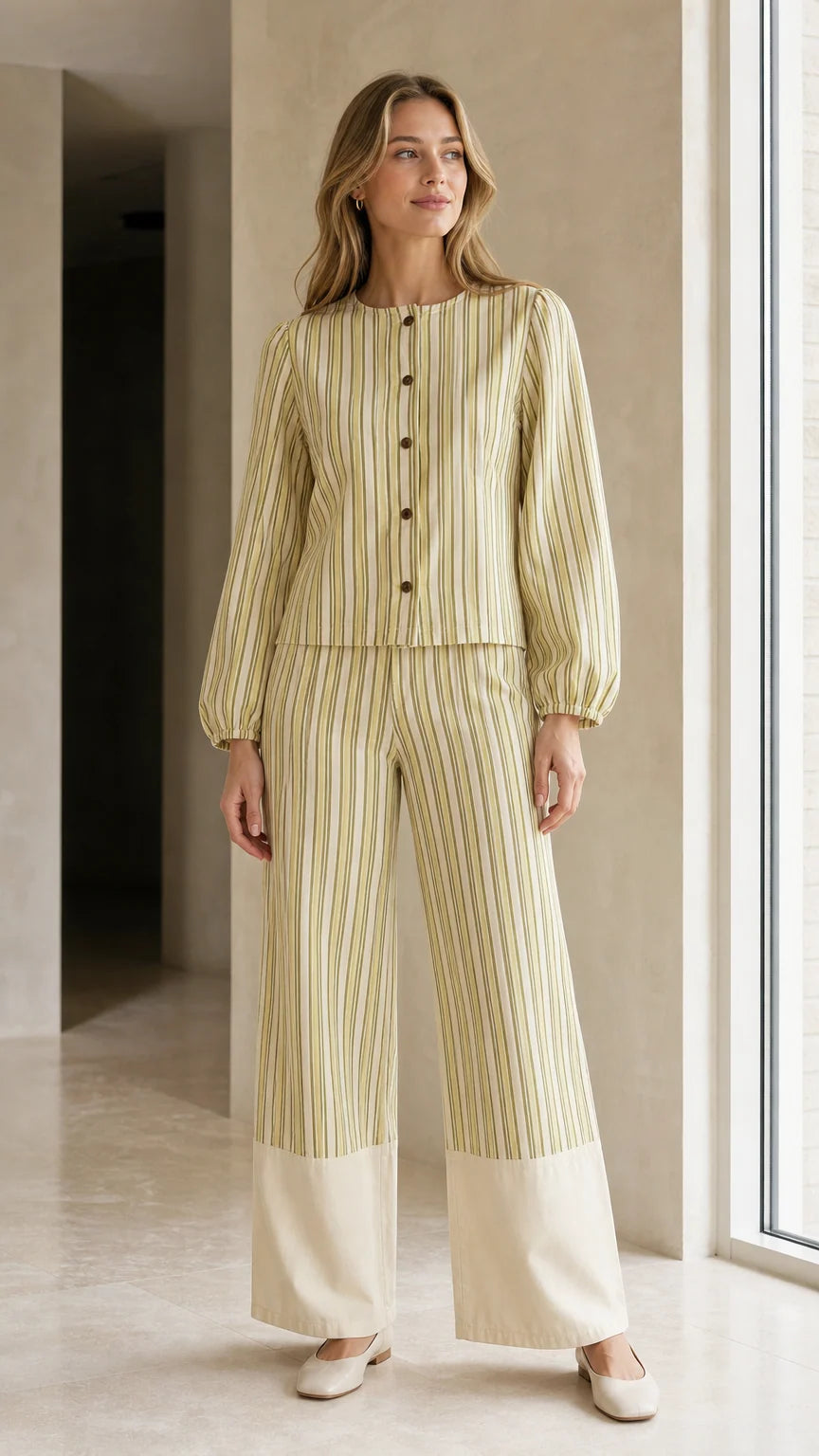 Front view of woman wearing sage striped matching set