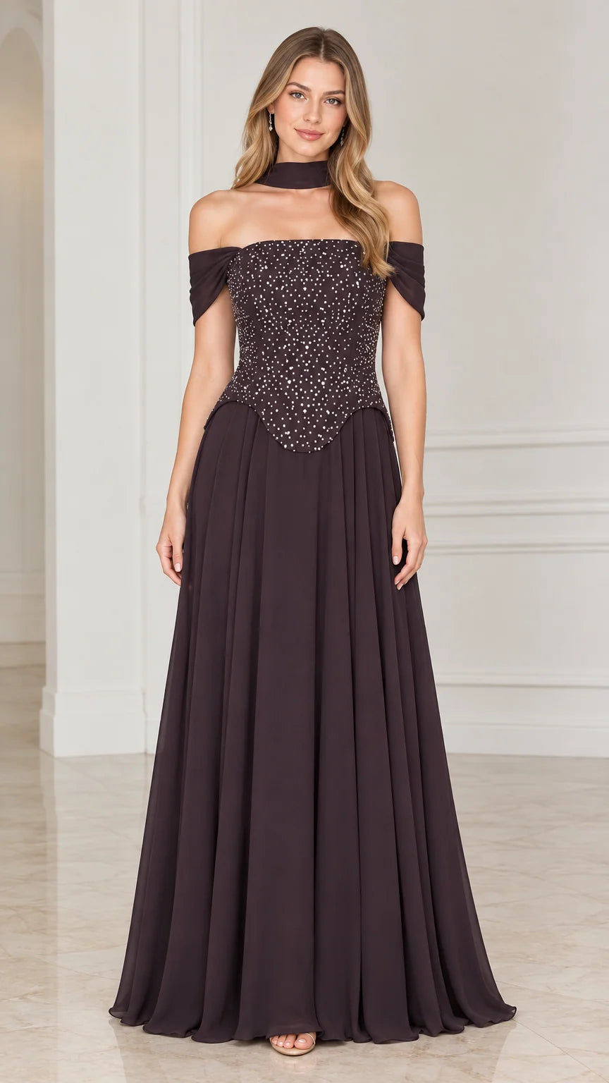 Plum off-the-shoulder formal gown with pearl-beaded bodice and chiffon maxi skirt - Front View