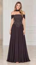 Plum off-the-shoulder formal gown with pearl-beaded bodice and chiffon maxi skirt - Front View
