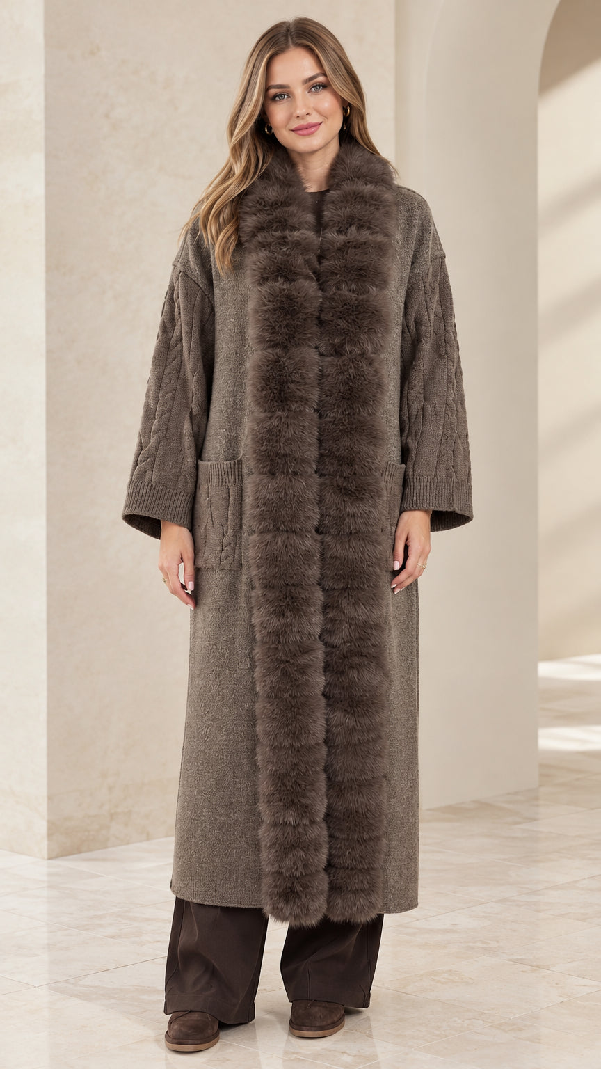 Taupe faux fur trim maxi cardigan coat front view
