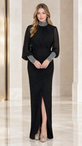 Front view of black rhinestone high neck bishop sleeve formal maxi gown
