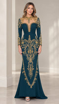 Front view of teal long sleeve mermaid evening gown with gold beaded baroque embellishments and illusion neckline