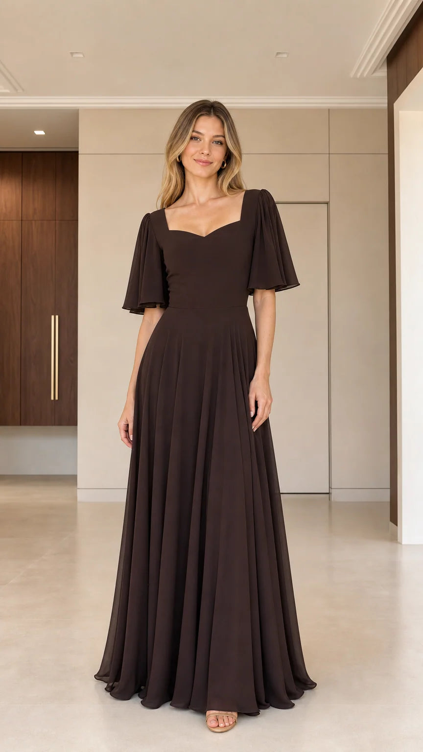 Front view of woman wearing chocolate brown sweetheart flutter sleeve maxi dress