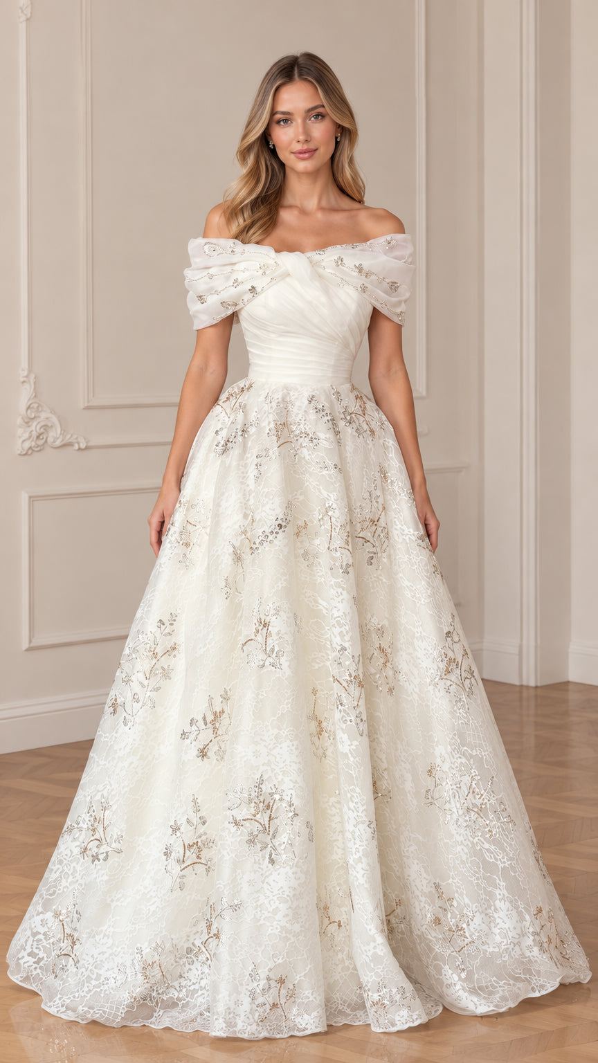 Front view of model wearing ivory off-the-shoulder floral embroidered ball gown