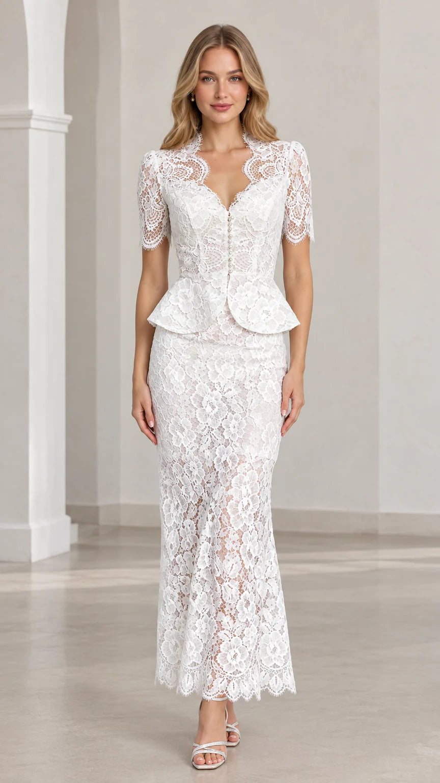 Front full view of woman wearing white floral lace peplum top and maxi skirt set