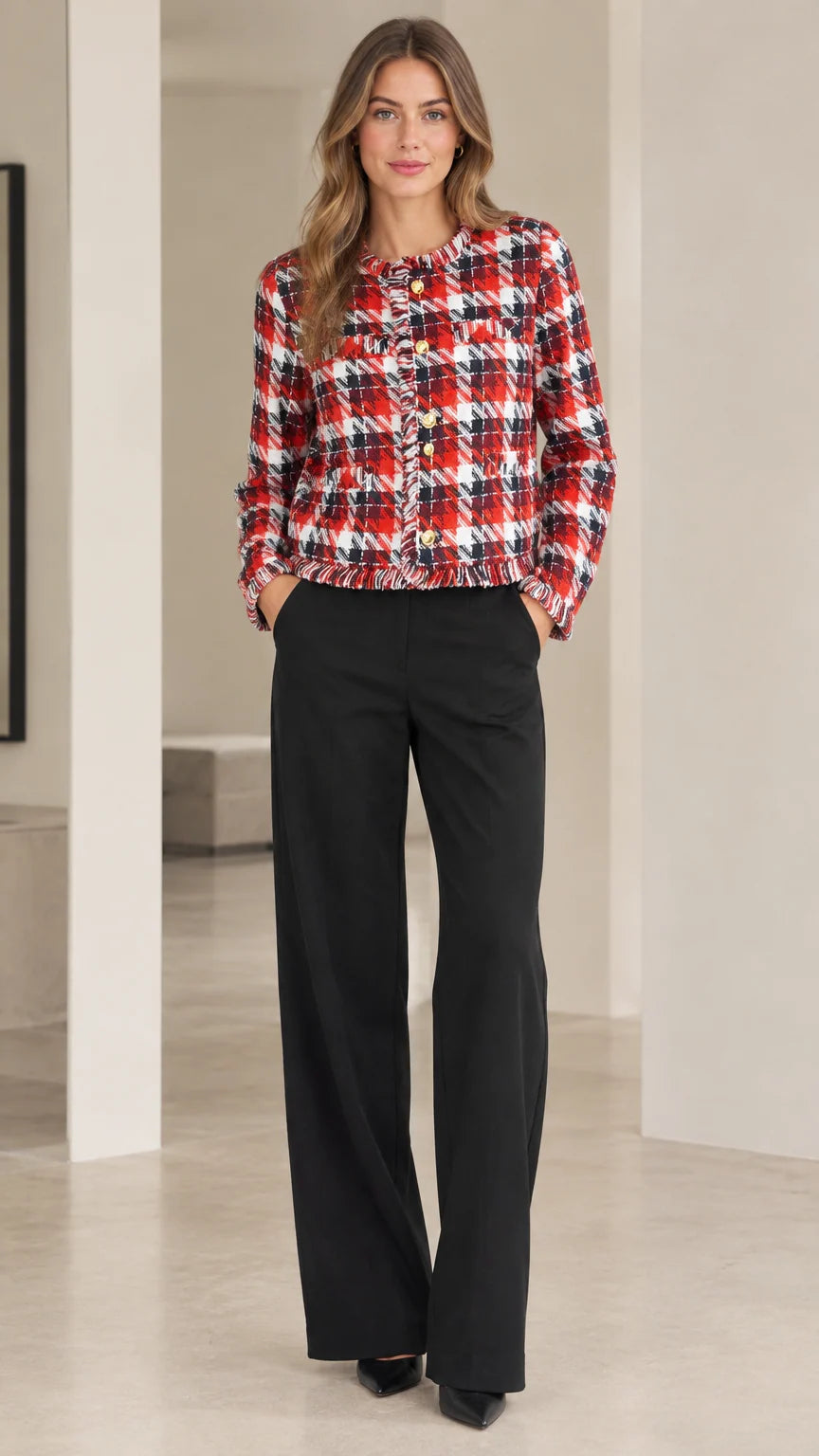 Front view of model wearing red and black plaid cropped tweed jacket with wide leg black pants