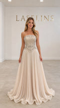 Champagne strapless beaded corset maxi evening gown with pleated skirt front view
