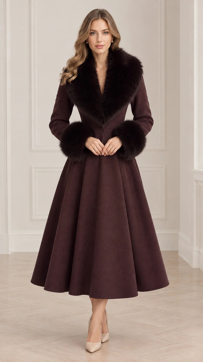 Model wearing Burgundy faux fur trim fit and flare swing midi princess coat front view