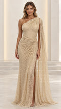 Champagne one-shoulder evening gown with side slit and cape drape front view