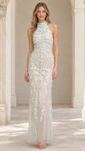Front view of model wearing Sage Green 3D floral applique halter neck maxi evening gown