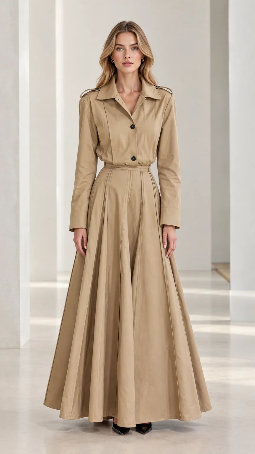 Full front view of khaki long sleeve pleated trench maxi dress