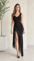 Black sleeveless fringe slit maxi dress shown from the front