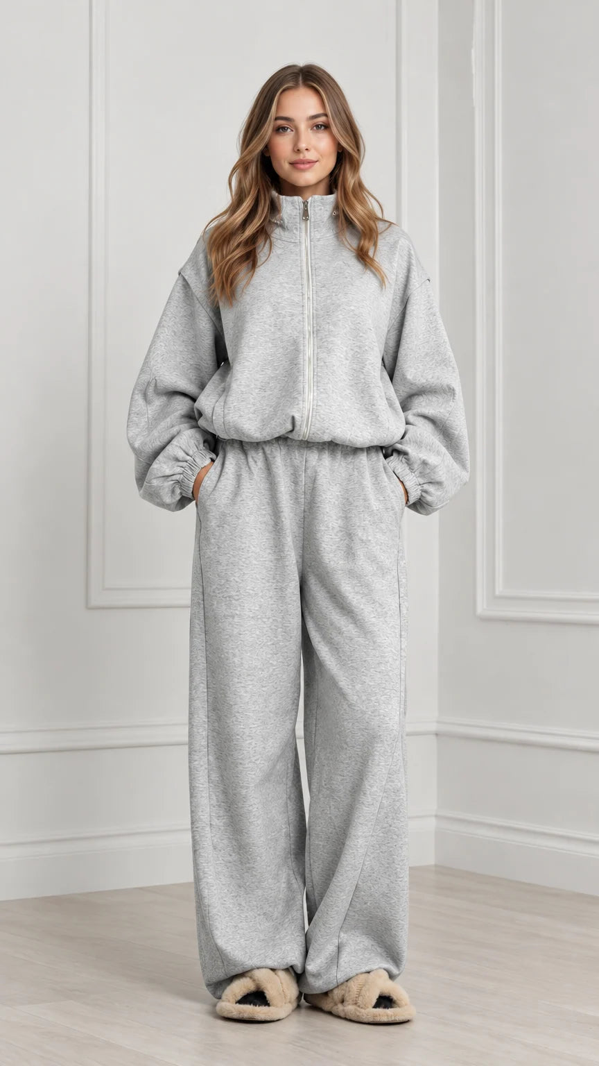 Women's heather grey two-piece zip sweatshirt and wide leg pants loungewear set front view