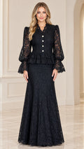 Front full-length view of woman wearing elegant black floral lace peplum maxi evening gown