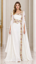 Front view of model wearing white embroidered split cape sleeve evening maxi dress
