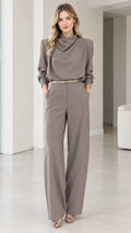 Taupe Grey Cowl Neck Long Sleeve Wide Leg Belted Jumpsuit Front View