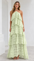 Front view of model wearing Mint Green halter tiered floral lace maxi dress