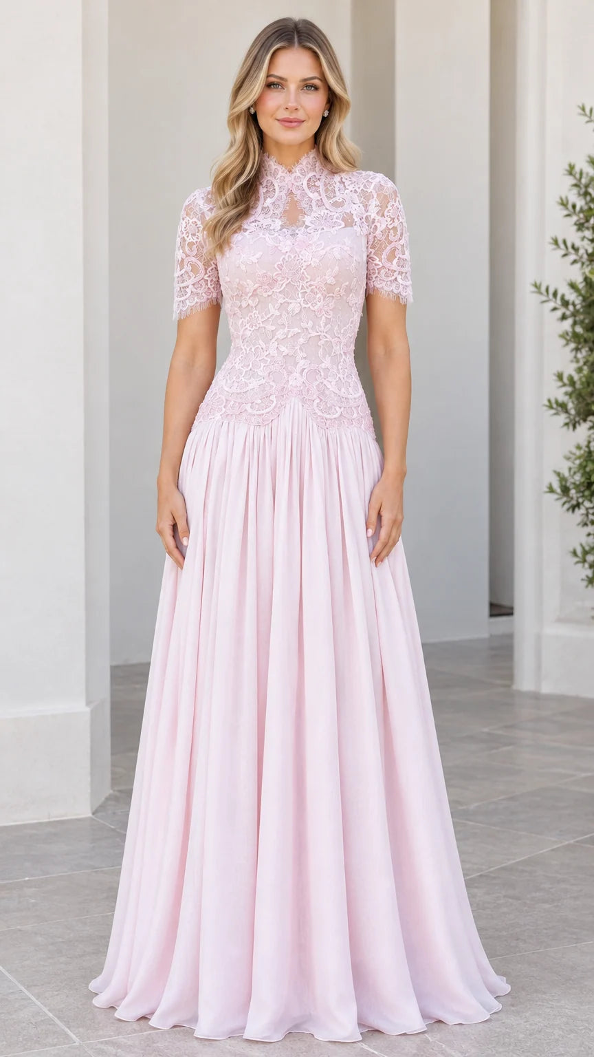 Front view of model wearing Blush Pink high neck lace bodice chiffon maxi evening gown