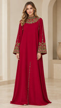 Full front view of Ruby Red embroidered high neck maxi kaftan dress with flared sleeves