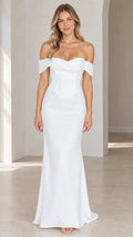 Front view of woman wearing white off-the-shoulder corset maxi evening dress