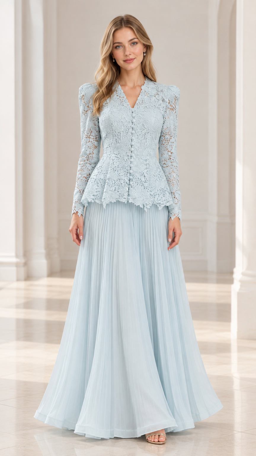 Front full-length view of model wearing Ice Blue lace peplum evening gown with pleated skirt