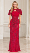 Red beaded column evening gown with capelet overlay front view