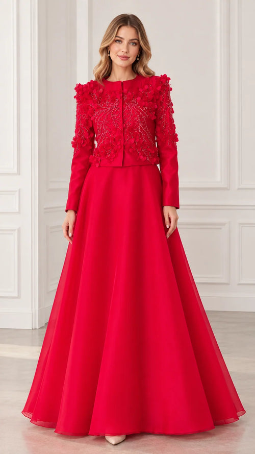 Red 3D floral applique long sleeve evening gown set front view