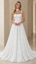 Front view of model wearing white square neck lace evening gown with matching choker