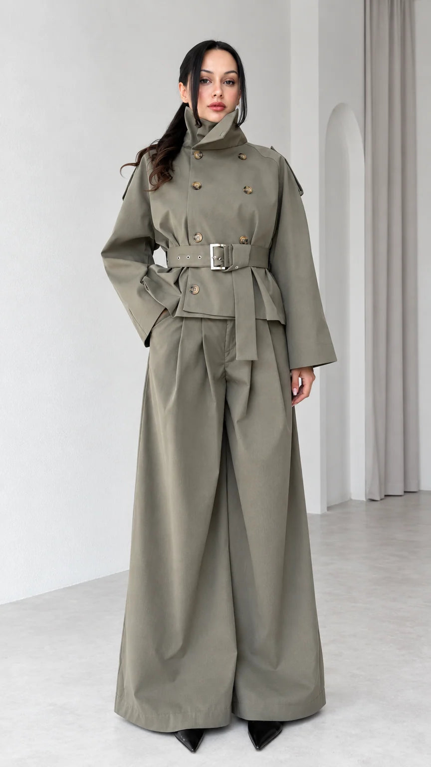 Front view of model wearing Sage Green cropped trench jacket and wide-leg trousers set