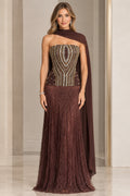 Strapless beaded corset evening gown in chocolate brown with back cape scarf front view