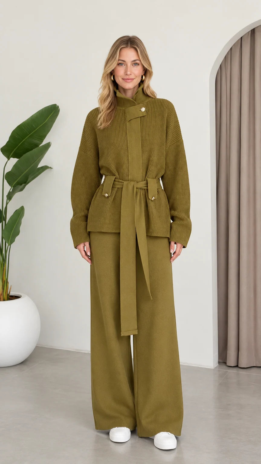 Full front view of model wearing the Olive Green ribbed knit belted top and wide-leg pants set